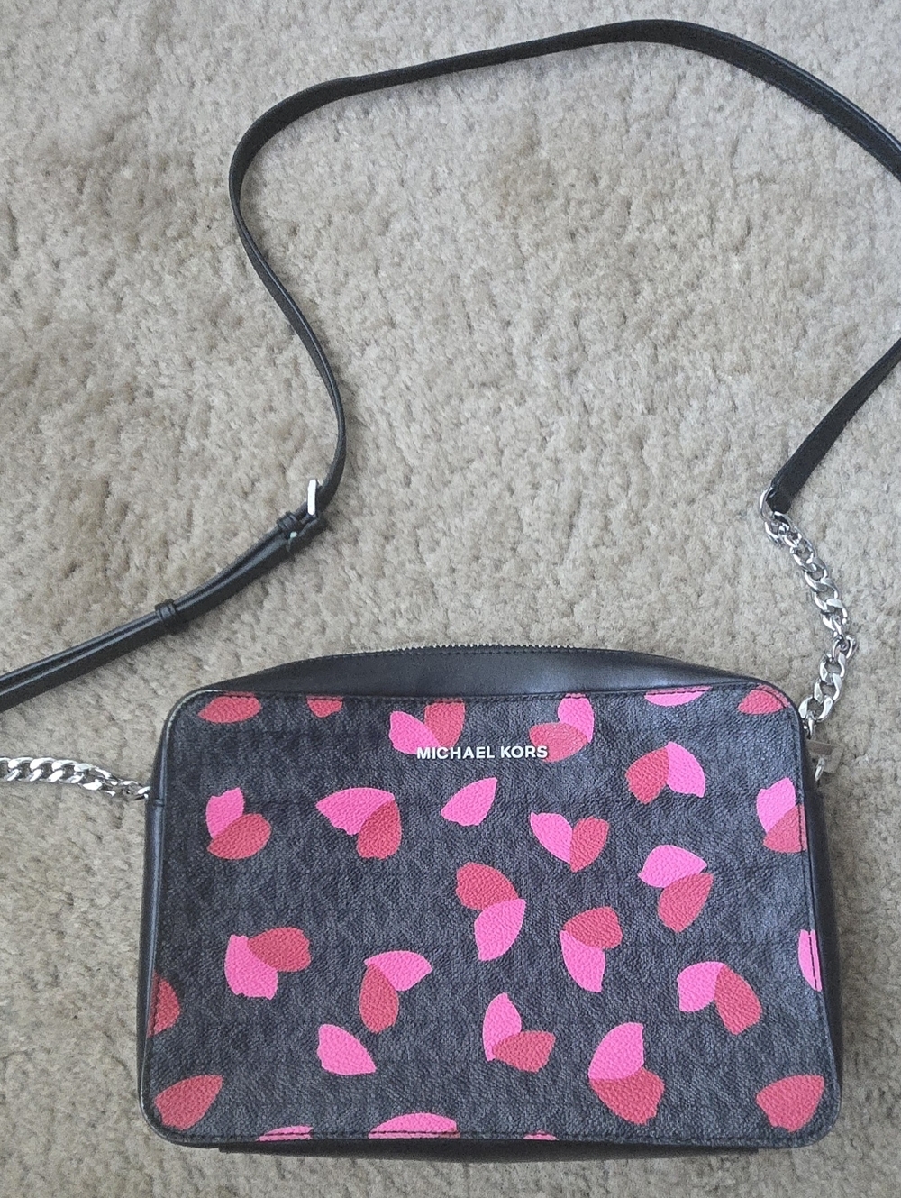 Michael Kors Black with Pink and Red Heart Petal Print Shoulder Bag